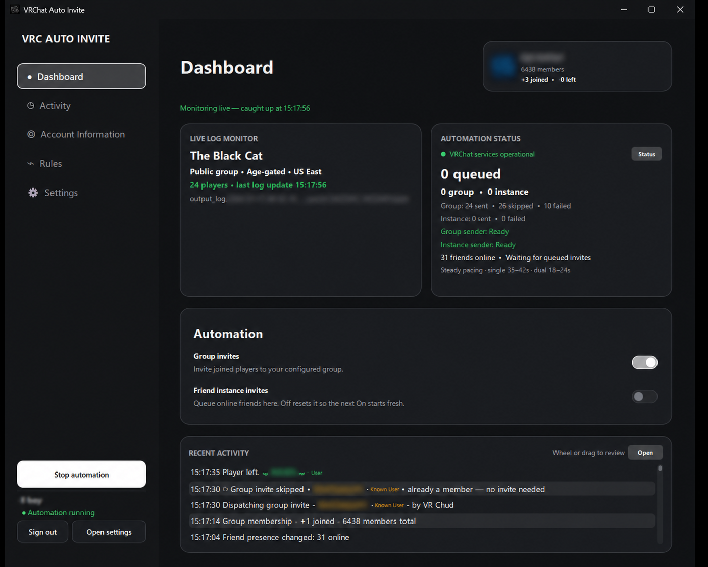 An anonymized VRC Auto Invite 2.2.17 dashboard showing the live room, automation status, invite controls, and recent activity